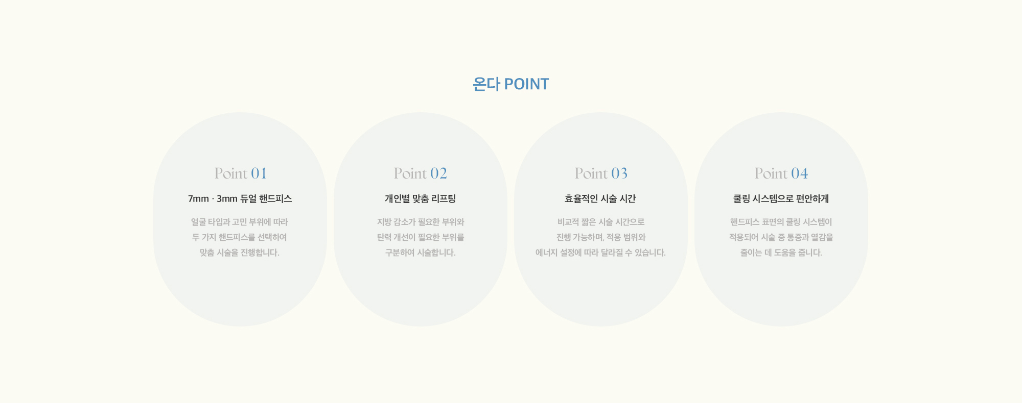 [온다 POINT] 01 : 처짐 포인트 확인 / 02 : 라인 중심 접근 / 03 : 부위별 강도 조절 / 04 : 일상 일정 고려