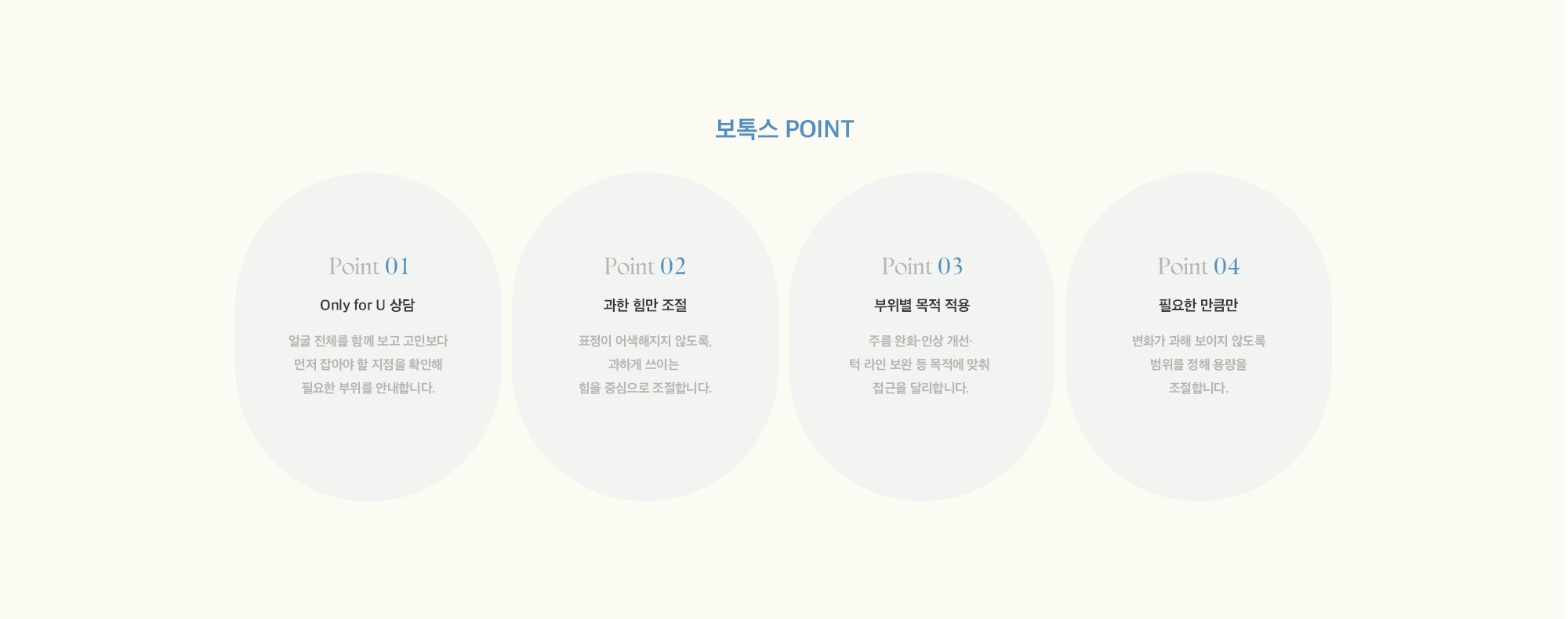 [보톡스 POINT] 01 : Only for U 상담 / 02 : 과한 힘만 조절 / 03 : 부위별 목적 적용 / 04 : 필요한 만큼만