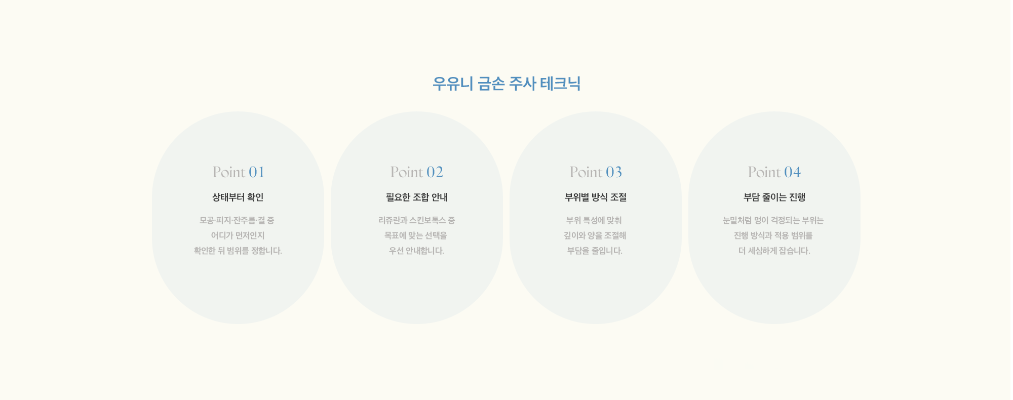 [우유니 금손 주사 테크닉] 상태부터 확인 → 필요한 조합 안내 → 부위별 방식 조절 → 부담 줄이는 진행