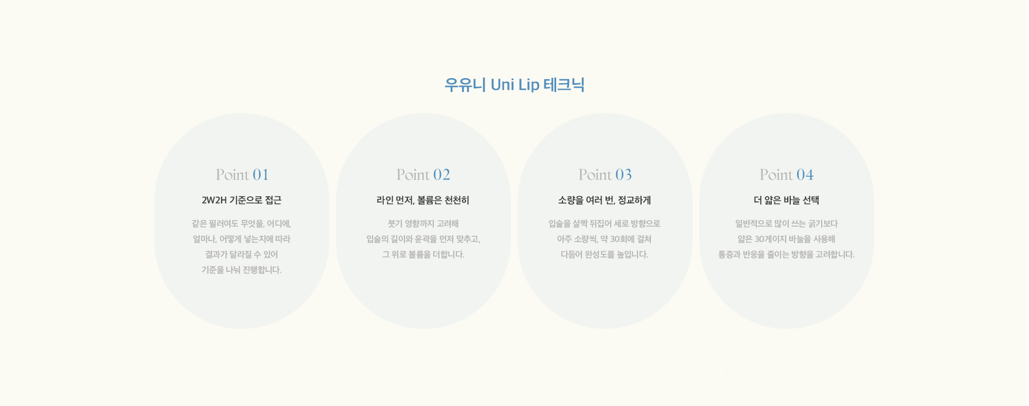 [우유니 Uni Lip 테크닉] 2W2H 기준으로 접근 → 라인 먼저, 볼륨은 천천히 → 소량을 여러 번, 정교하게 → 더 얇은 바늘 선택 